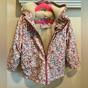 Zara Pink Floral Hooded Kids Jacket with Cream Sherpa Lining